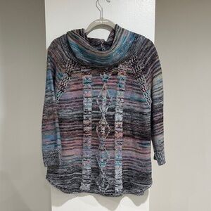 John Paul Richard cowl neck sweater with multicolor knit and cable-knit details